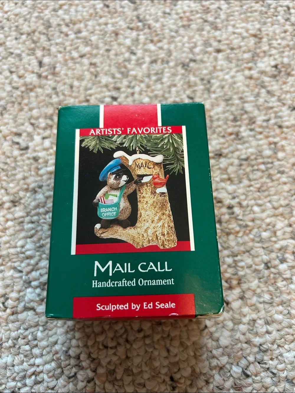 1989 Hallmark Mail Call Ornament Box - Green and Red